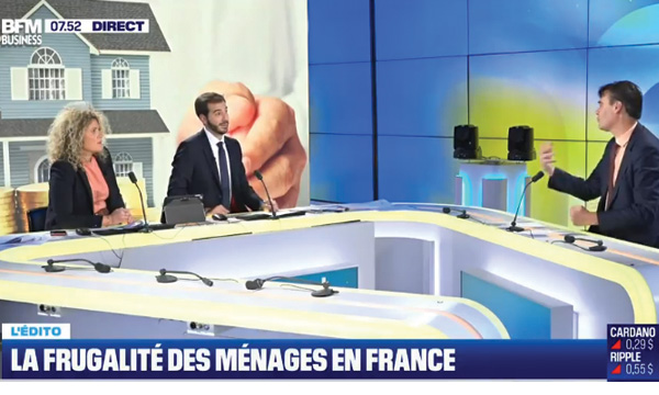 Denis Ferrand, Laure Closier, Erwan Morice, sur le plateau de BFM Business (30/10/2023)